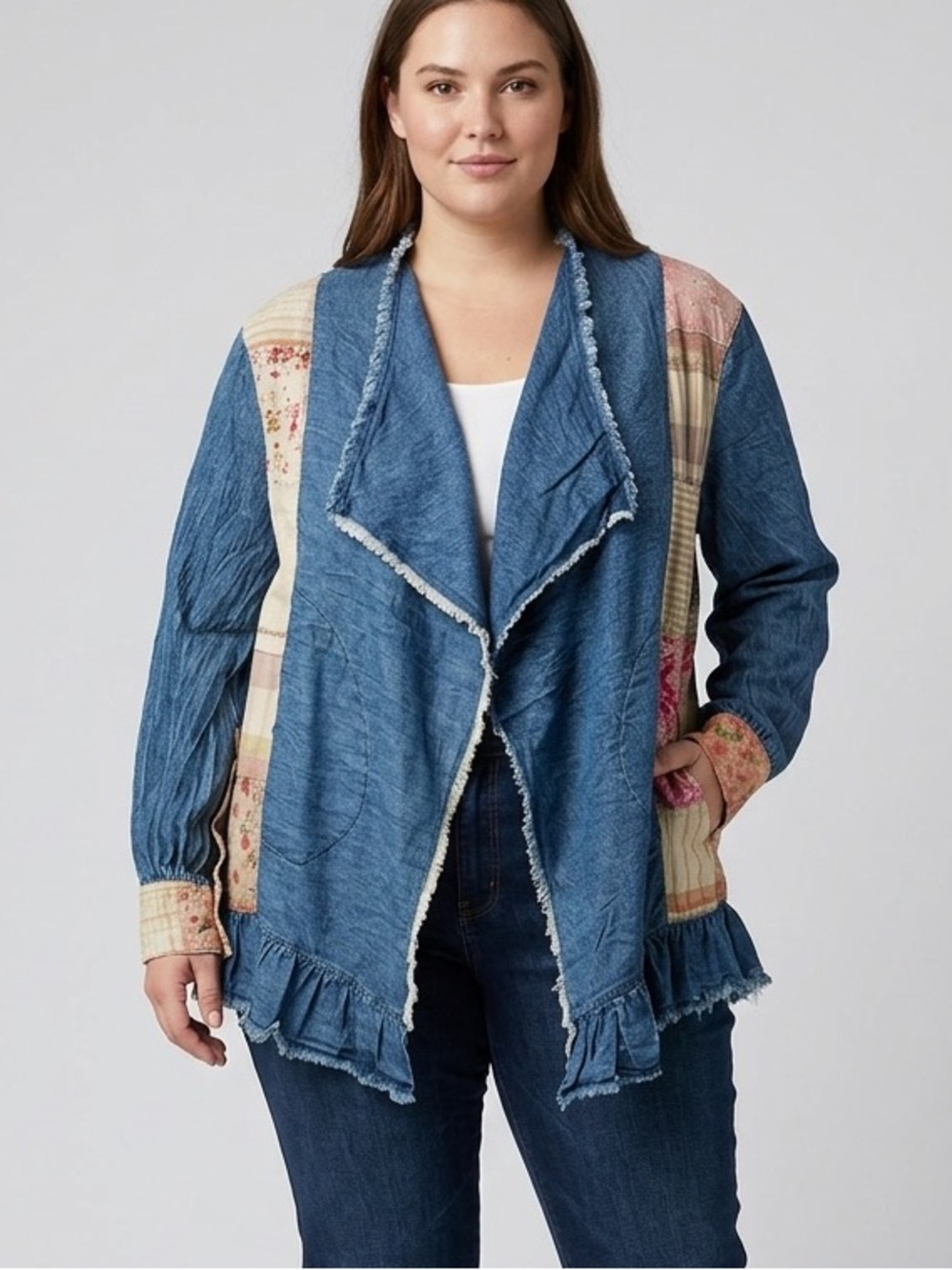 Young Threads Denim Blue Patchwork Jean Jacket with Ruffle Trim NWT